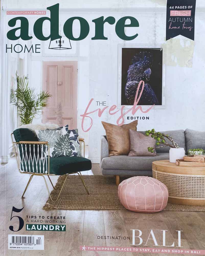 Image of Adore Home Magazine Cover of a room with a pink front door and living room with articles featuring multiple images and text. The magazine discusses home decor and interior design.
