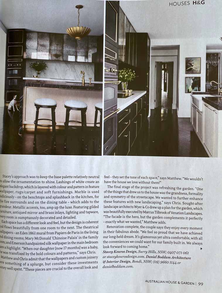Image of Australian House & Garden Magazine article featuring multiple images and text. The article discusses home decor and interior design of kitchen cabinetry, benches, stools and paintings.
