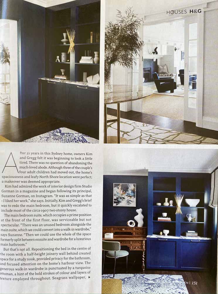 Image of Australian House & Garden Magazine article featuring multiple images and text. The article discusses home decor and interior design of living spaces, furniture and a painting.