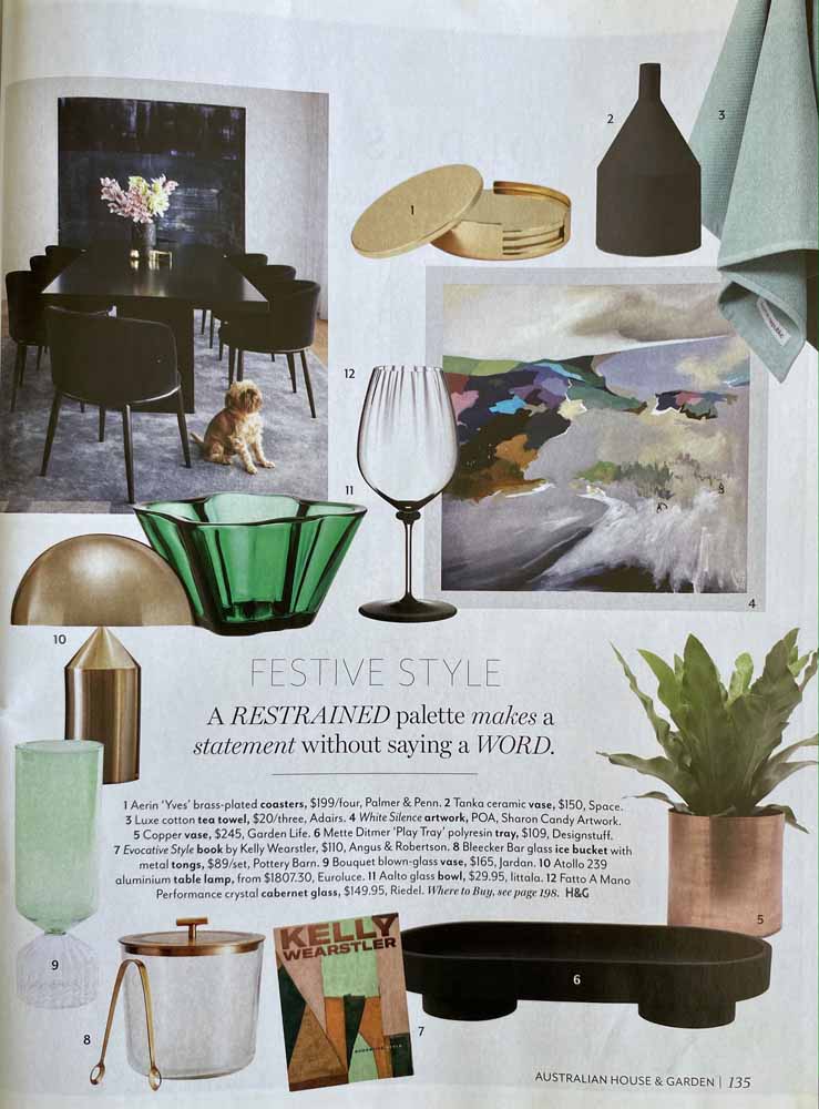 Image of Australian House & Garden Magazine article that discusses home interior design and festive style. This particular image features statement home decor pieces.