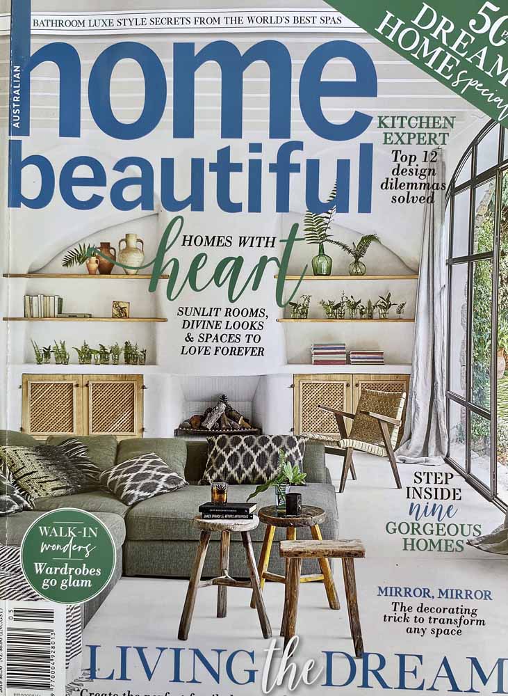 Image of Australian Home Beautiful Magazine Cover of Living room with articles featuring multiple images and text. The magazine discusses home decor and interior design.