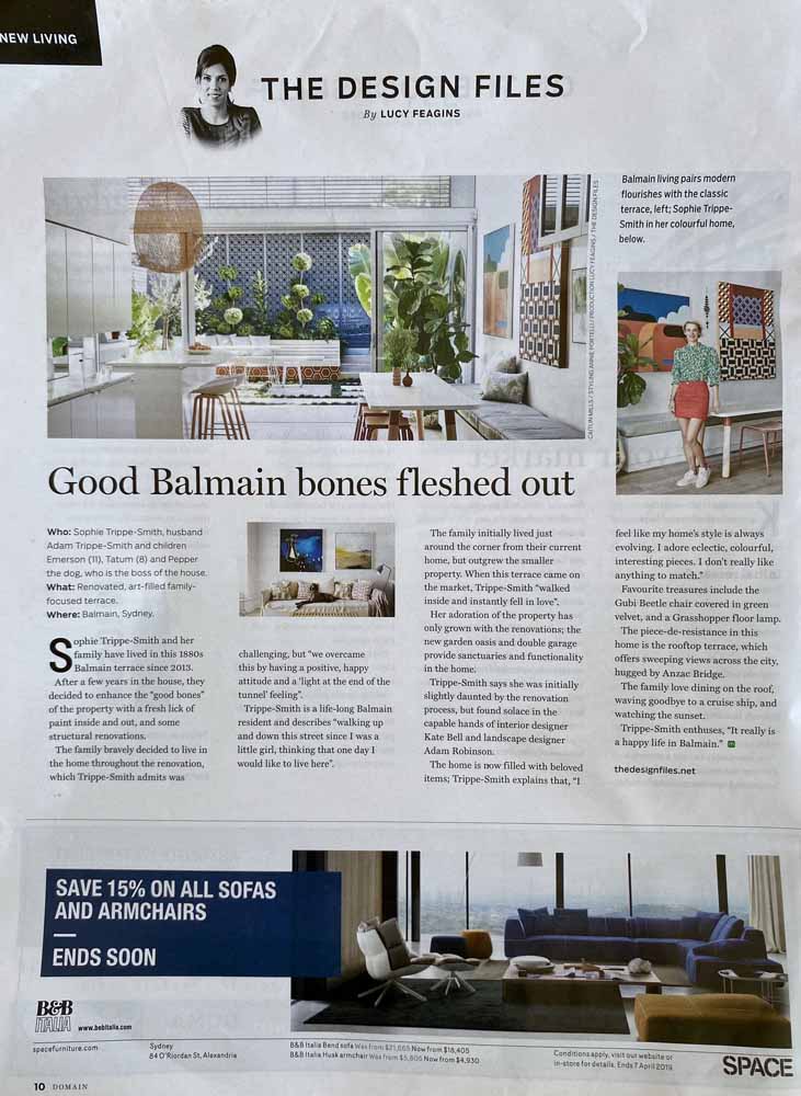 Image of Domain Magazine, The Design Files article featuring a renovated home and its art. Images of open kitchen area and paintings.
