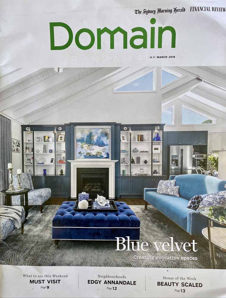 Image of The Sydney Morning Herald, Domain Magazine Cover featuring lounge room and fire place with a Sharon Candy painting with articles and images of homes and houses for sale.