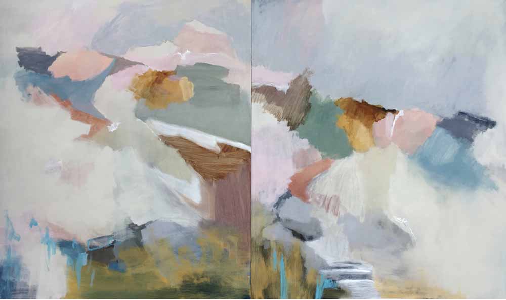 A diptych abstract acrylic painting on board of colourful brushstroke lines and forms depicting the hillside in white, cream, gold, pinks, browns, green, blues and black detail.