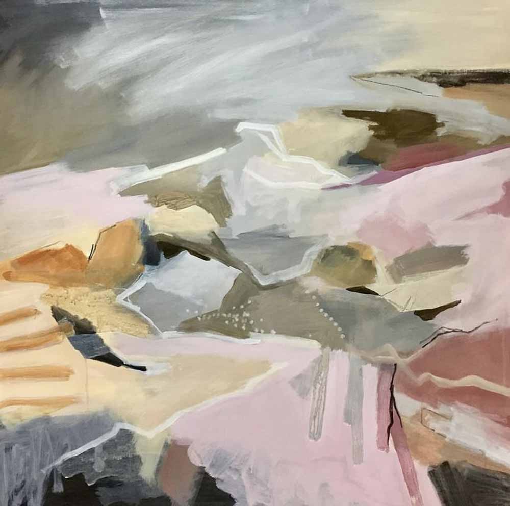 An abstract acrylic and charcoal painting on board of expressive brushstroke lines and forms depicting a river rock edge in cream, gold, pinks, browns, black and white details.
