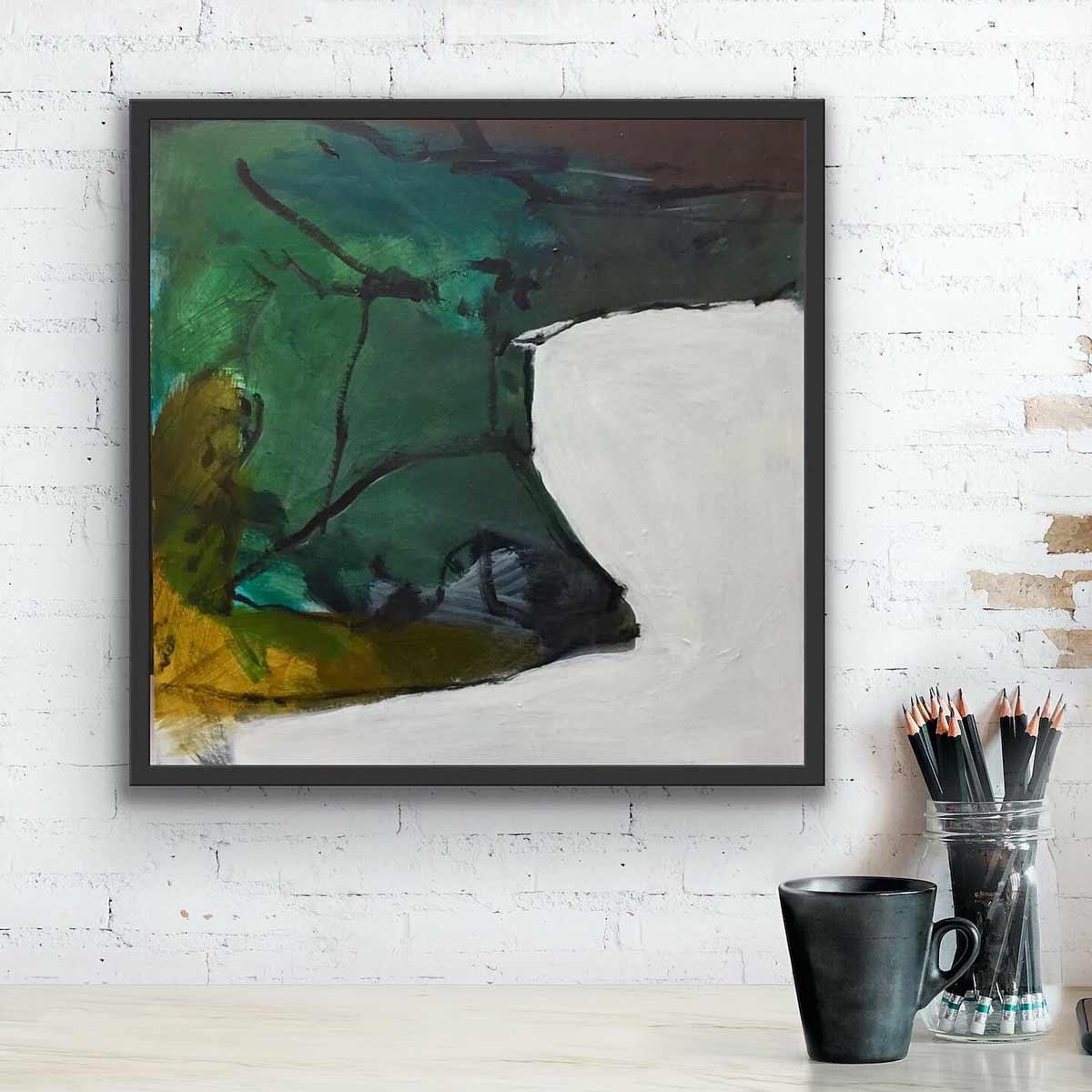 An abstract acrylic painting on board of expressive contoured forms and lines of pastures in green, brown, gold black line details on a cream background and hung on a white brick wall.