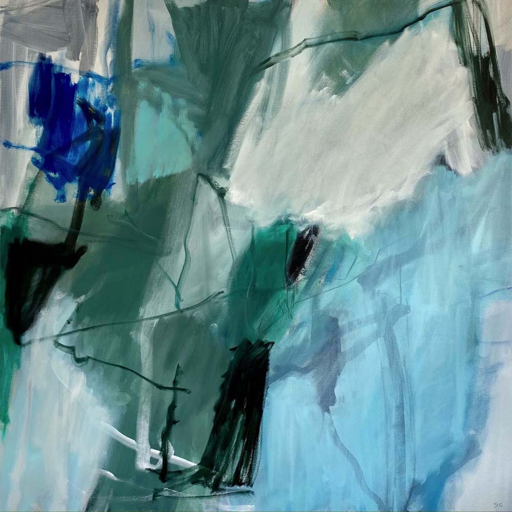 abstract painting of irregular shapes in turquoise, blue and green surrounded by thick dark green lines